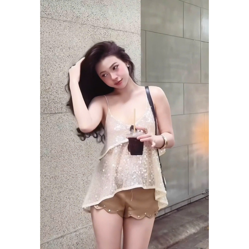 Set Bộ 2 Món Áo 2 Dây Kim Sa Cổ Tròn Kim Tuyến Lấp Lánh Dáng Babydoll Mix Quần Short Ngắn Nâu Đính Đá | BigBuy360 - bigbuy360.vn