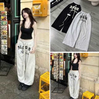  Quần suông nữ nỉ 2 Da L1 ống suông họa tiết in chữ GAR nổi bật quần ống rộng phối dây rút có bo ống quần basic 