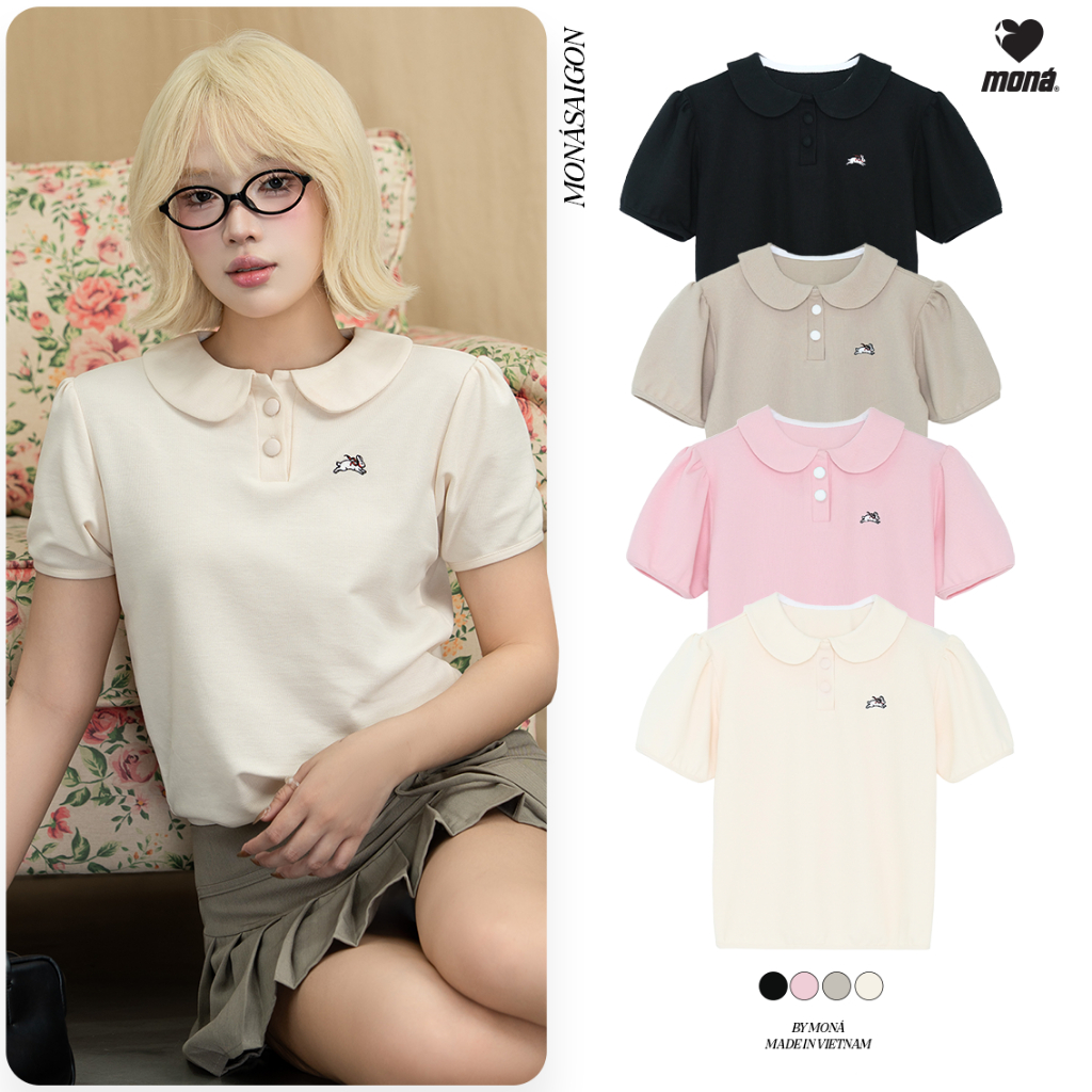 Áo polo nữ MONÁ tay phồng thêu thỏ chất thun cá sấu - BUNNIE TOP