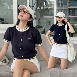 [DELIZ] - Áo len ngắn tay cổ trong thêu nơ cúc giả cardigan basic 2 màu len lông thỏ ALC05