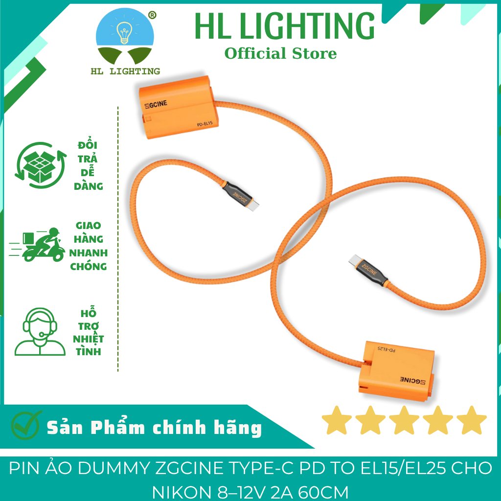 Pin Ảo Dummy ZGCINE Type-C PD To EL15/EL25 Cho Nikon 8–12V 2A 60cm HL Lighting