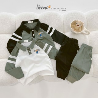  Beemo set bộ quần áo dài tay cho bé trai cổ polo phối kẻ tay thể thao cá tính vải cotton thoáng mát 23160B 