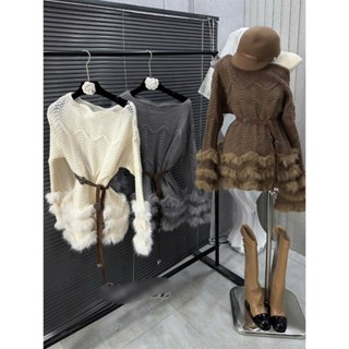  Áo len nữ lai lông dáng dài kèm đai hàng QC hot màu trắng xám nâu sang trọng tiểu thư Hàn Quốc 