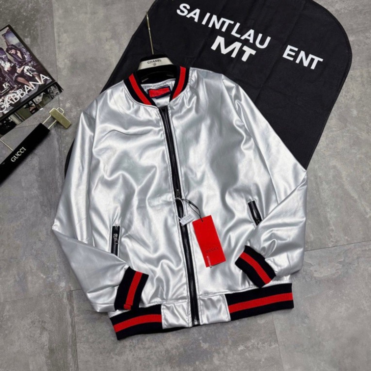 Áo Khoác Bomber Da Phôi Viền Đỏ cao cấp Áo Khoác Da Bạc Đen Trắng Phong Cách Nam Nữ Tay Dài Menswear