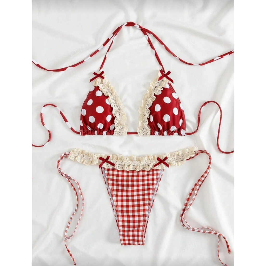 Sẵn- Esmee Bikini chấm bi và caro đỏ viền bèo ren cute dễ thương