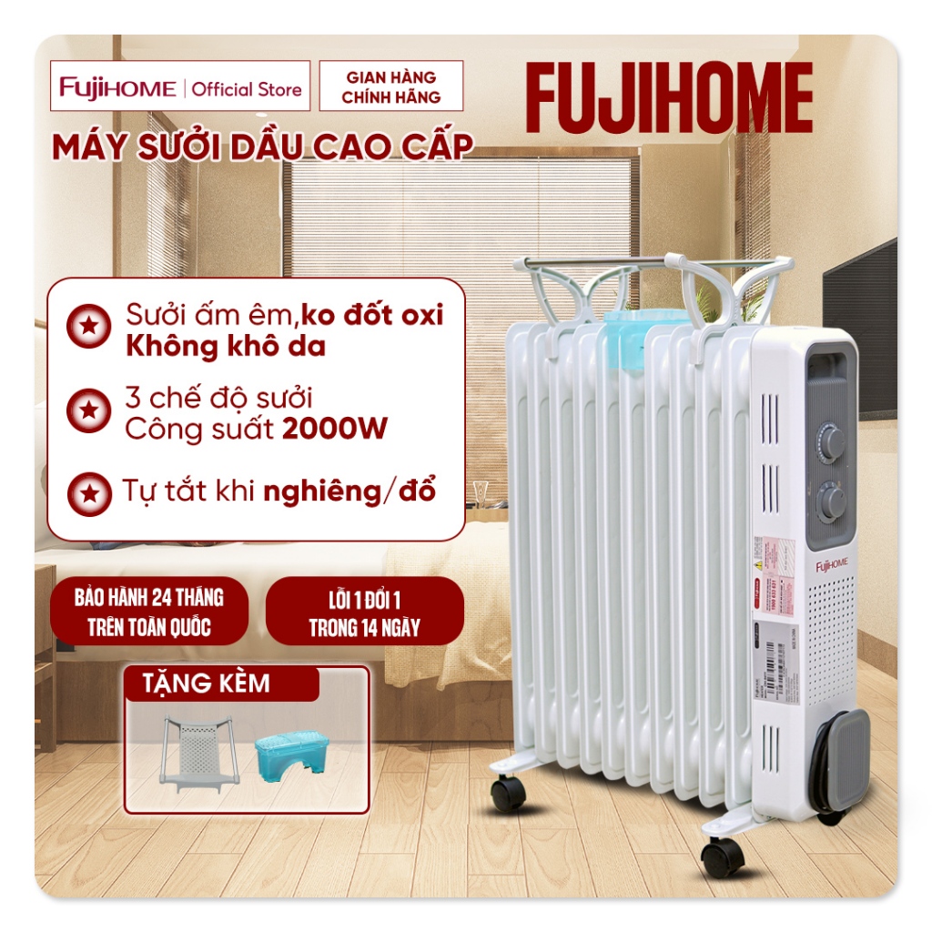 Máy sưởi dầu không khô da Nhập Khẩu Fujihome 11 thanh sưởi, tự ngắt bảo vệ quá nhiệt tặng kèm giá phơi mini