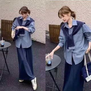  Set Bầu Áo Sơ Mi Kẻ Kèm Khăn + Chân Váy Umi Dáng Suông A Dài – Bộ Thời Trang Thanh Lịch Cho Mẹ Bầu 