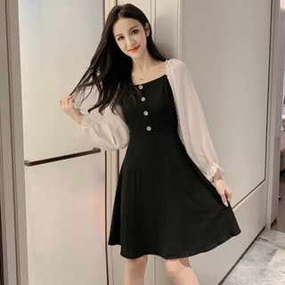 [Mã FATHANG5 giảm 10K đơn 50K] Đầm đen phối trắng tay dài, váy công sở kiểu dáng thanh lịch