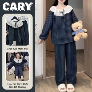  Set bộ đồ ngủ CARY họa tiết sọc caro dễ thương áo dài quần dài chất liệu đũi xốp mềm mặc nhà thu đông CARY 