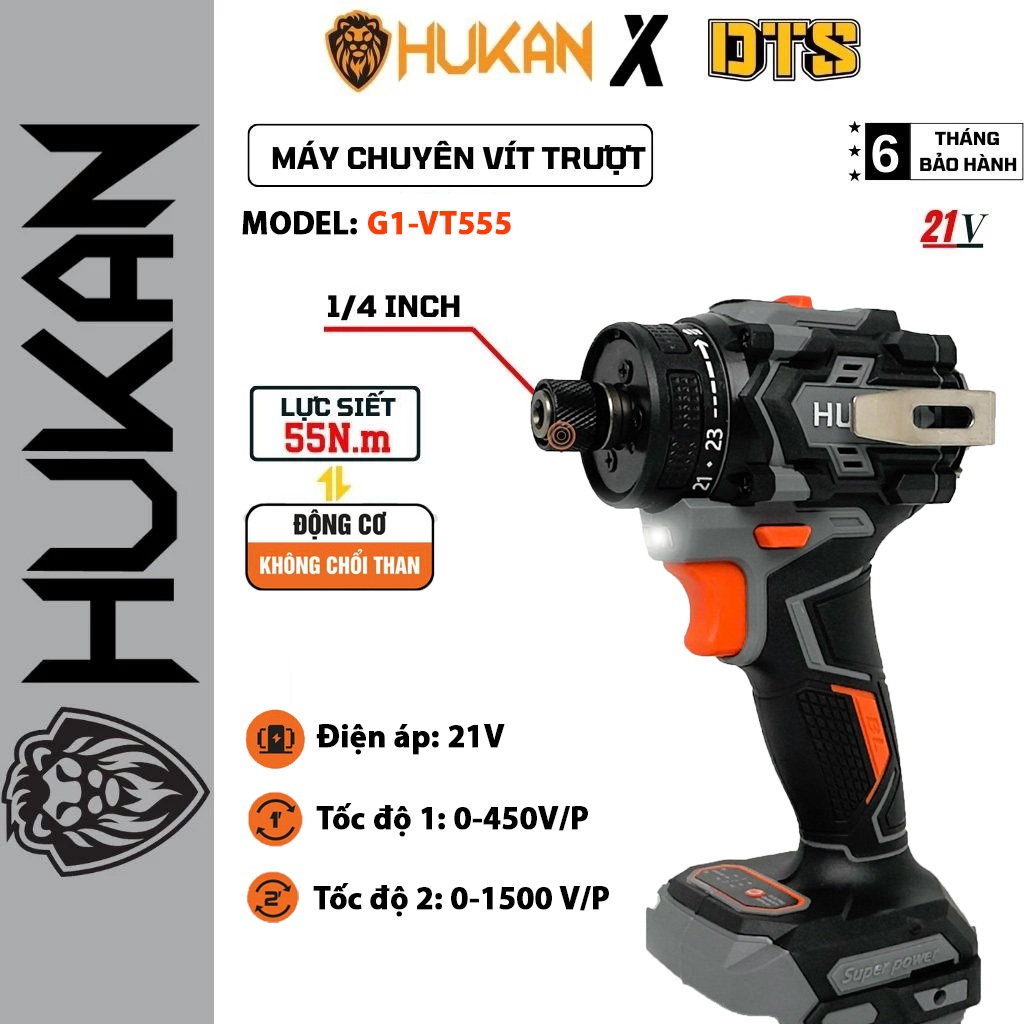 Máy chuyên vít 4 cấp độ chỉnh pin 21V Hukan BODY-G1-VT555 | lực siết 55N.m, chuyên vít với 21 cấp tr