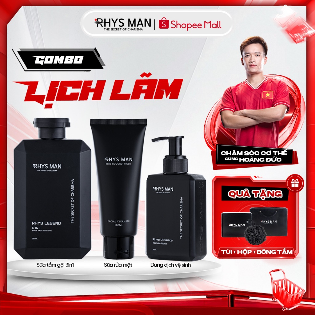 Combo Sữa tắm gội nam 3in1 350ml & Sữa rửa mặt nam 100ml & Dung dịch vệ sinh nam 120ml RHYS MAN