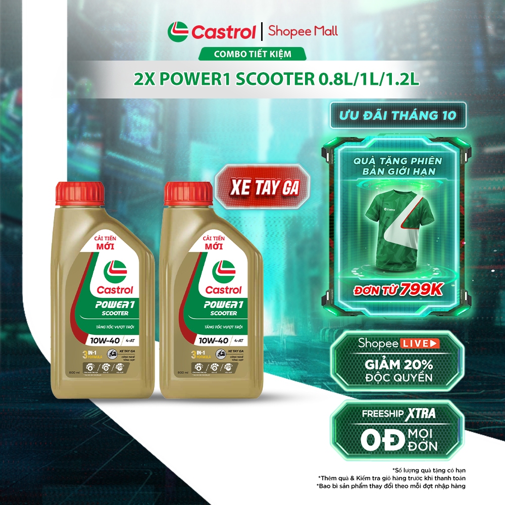COMBO 2 Dầu nhớt xe tay ga Castrol POWER1 SCOOTER 10W-40 4-AT (0.8L/1L/1.2L)