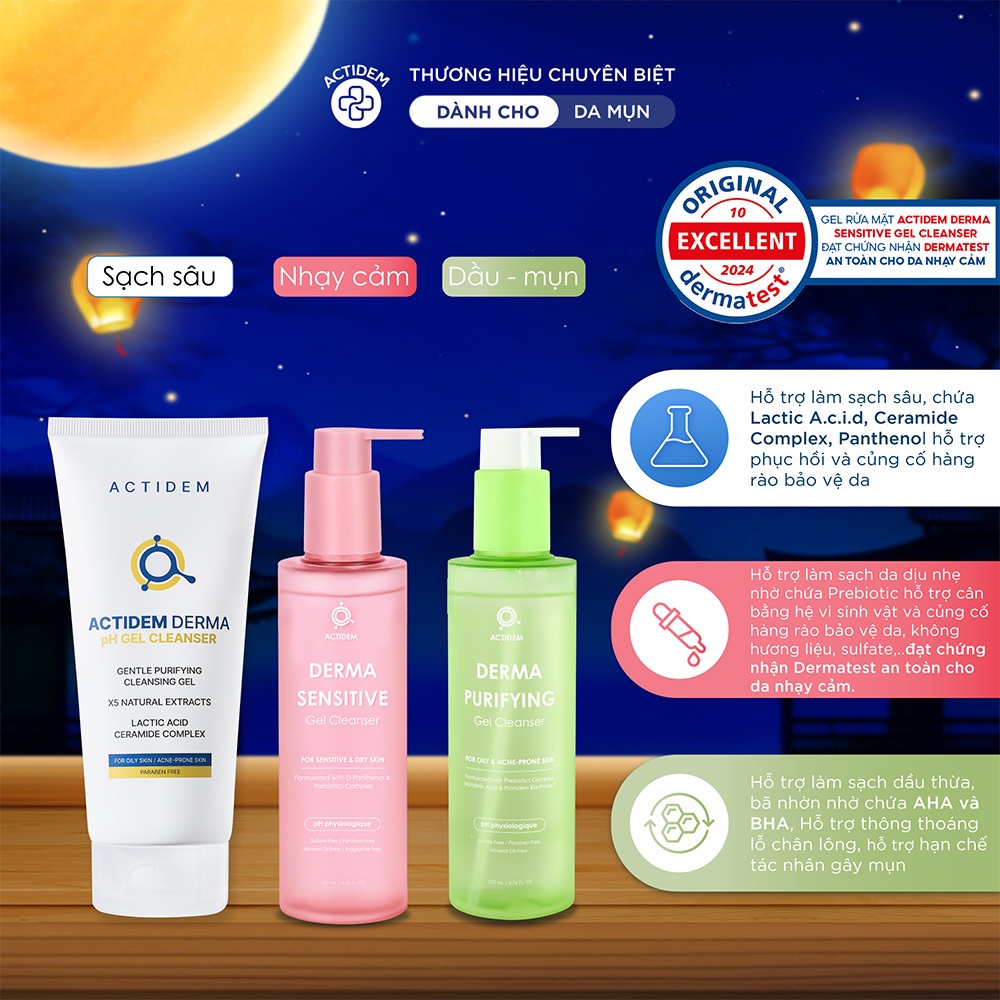 Gel rửa mặt ngừa mụn cho da dầu, nhạy cảm, da hỗn hợp Actidem Derma pH/Sensitive/Purifying Gel Cleanser 30/150/180ml