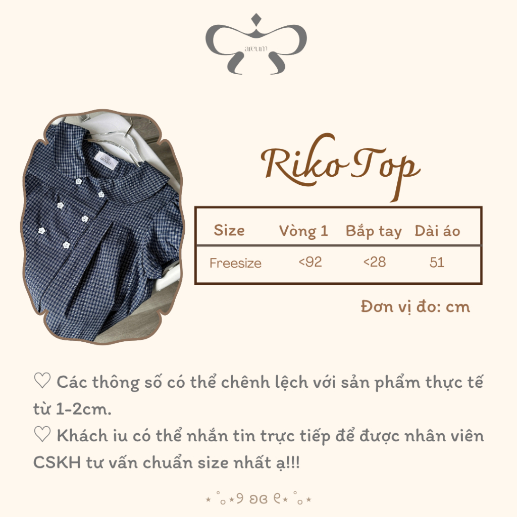 AREUM Áo sơ mi kiểu RIKO Top CỔ SEN tay bồng vải caro | BigBuy360 - bigbuy360.vn