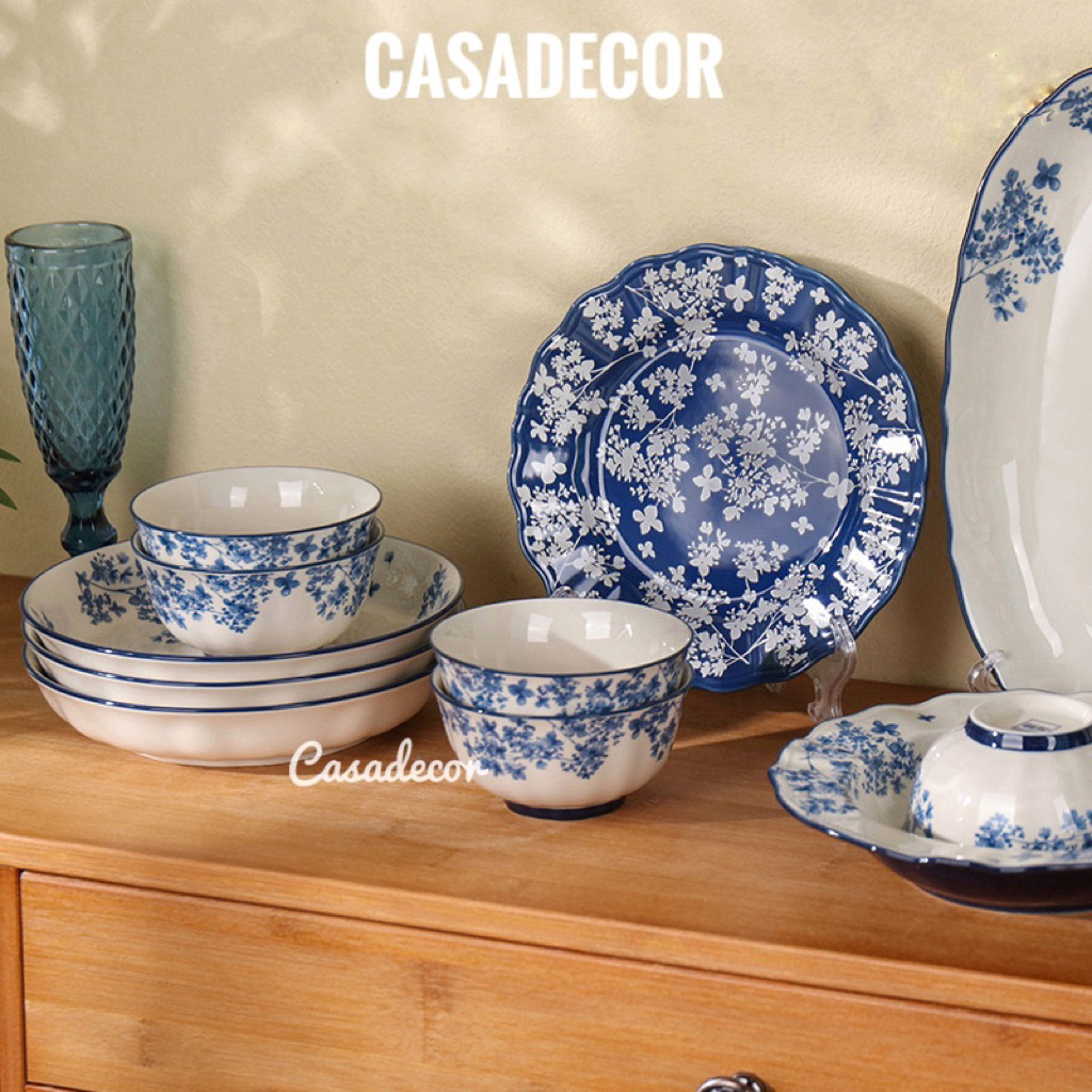 Bộ bát đĩa sứ, bộ bàn ăn sứ tráng men cao cấp hoạ tiết hoa xanh châu Âu cổ điển, set bát đĩa đẹp