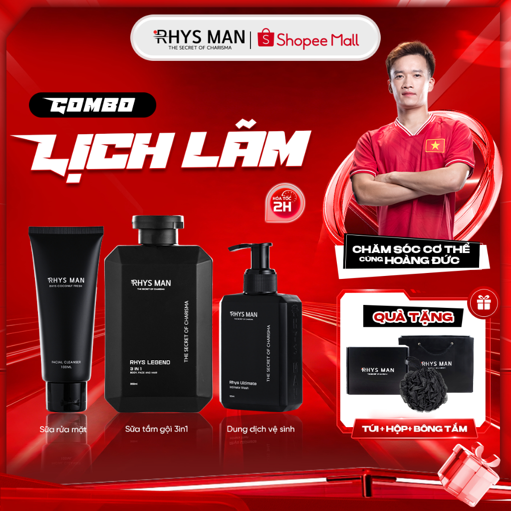 Bộ Quà Tặng Nam - Sữa tắm gội nam 350 ml & Sữa rửa mặt nam 100ml & Dung dịch vệ sinh 120ml RHYS MAN