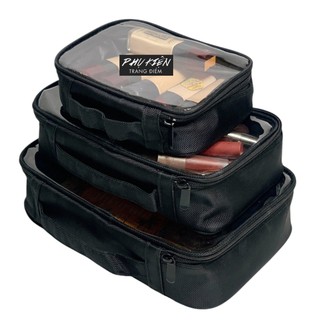 Bộ 3 Túi Đựng Mỹ Phẩm Trang Điểm Bằng Vải Polyester Kết Hợp PVC Trong Suốt Cao Cấp - Bộ Túi Phân Loại Đồ Trang Điểm B3TP