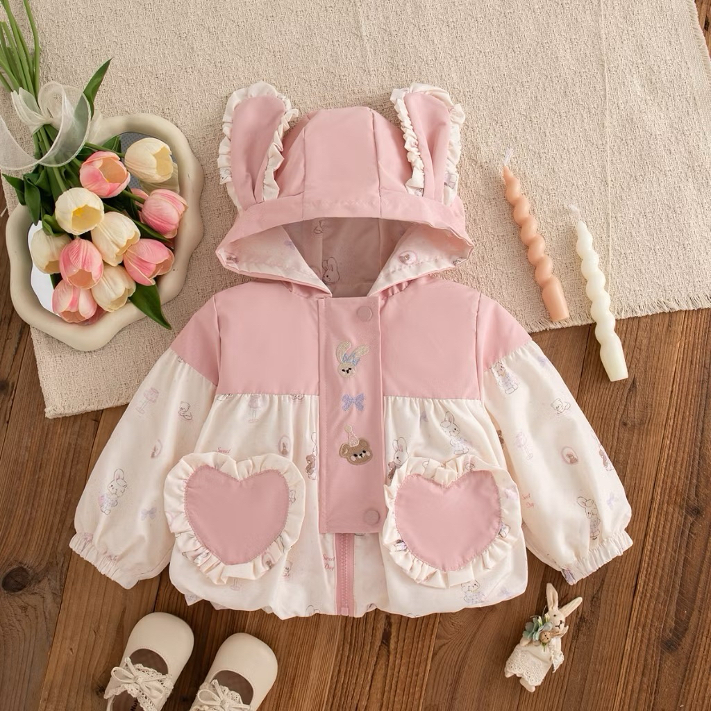 Áo khoác gió cho bé gái Tukibaby tai thỏ sz 10-25kg hàng may kỹ, áo khoác cho bé gái