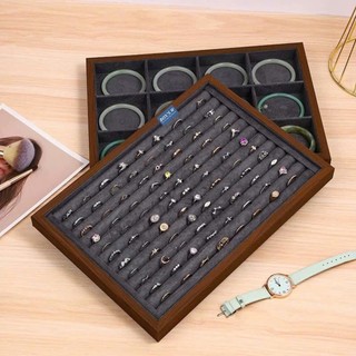 Khay Gỗ Trưng Bày Trang Sức, Phụ Kiện, Vòng Tay, Nhẫn, Khuyên Tai Lót Nỉ Nhung Màu Xám Than - KTS36