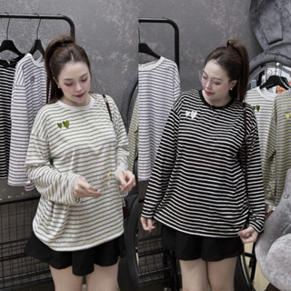  Áo thun tay dài sọc nữ phối hình thêu tym dễ thương chất liệu mềm mịn mặc mát thoải mái có size đên 80kg 