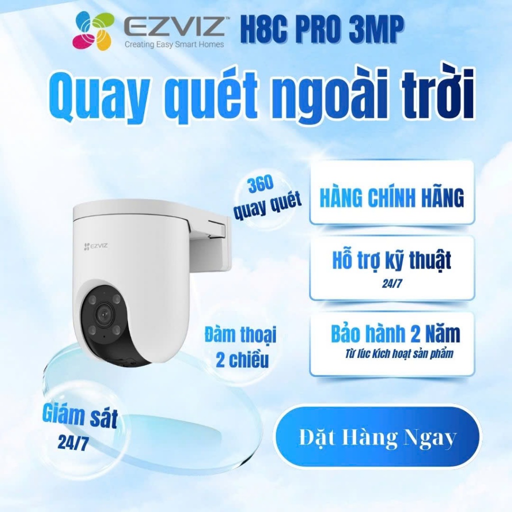 Camera Wifi Ezviz H8C 3MP, H8C 4mp , Xoay 360, Ngoài trời chống nước, Ban đêm có màu, Bảo hành 24 th