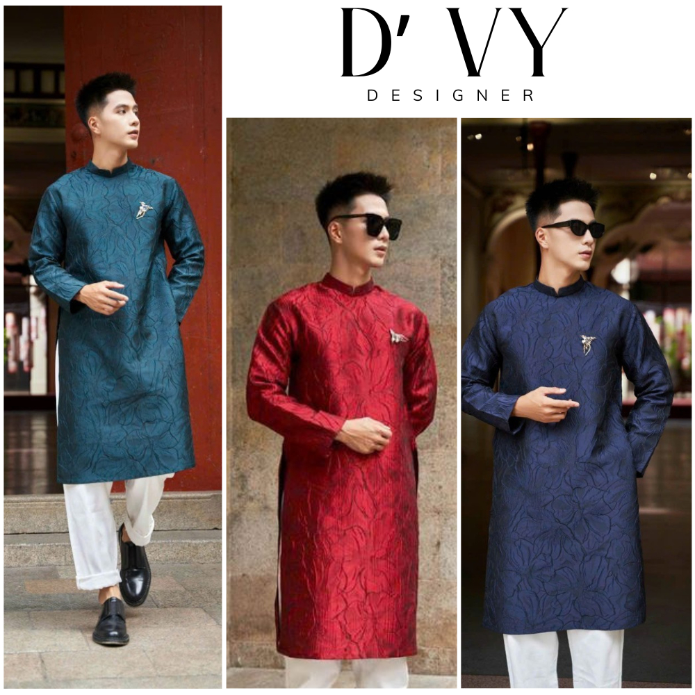 Áo Dài Cách Tân Nam  Vải Gấm Vân  HOA LY Kéo Khóa Sau Phom Vai Vuông Có Đệm Cầu Vai, Áo Dài Cho Nam