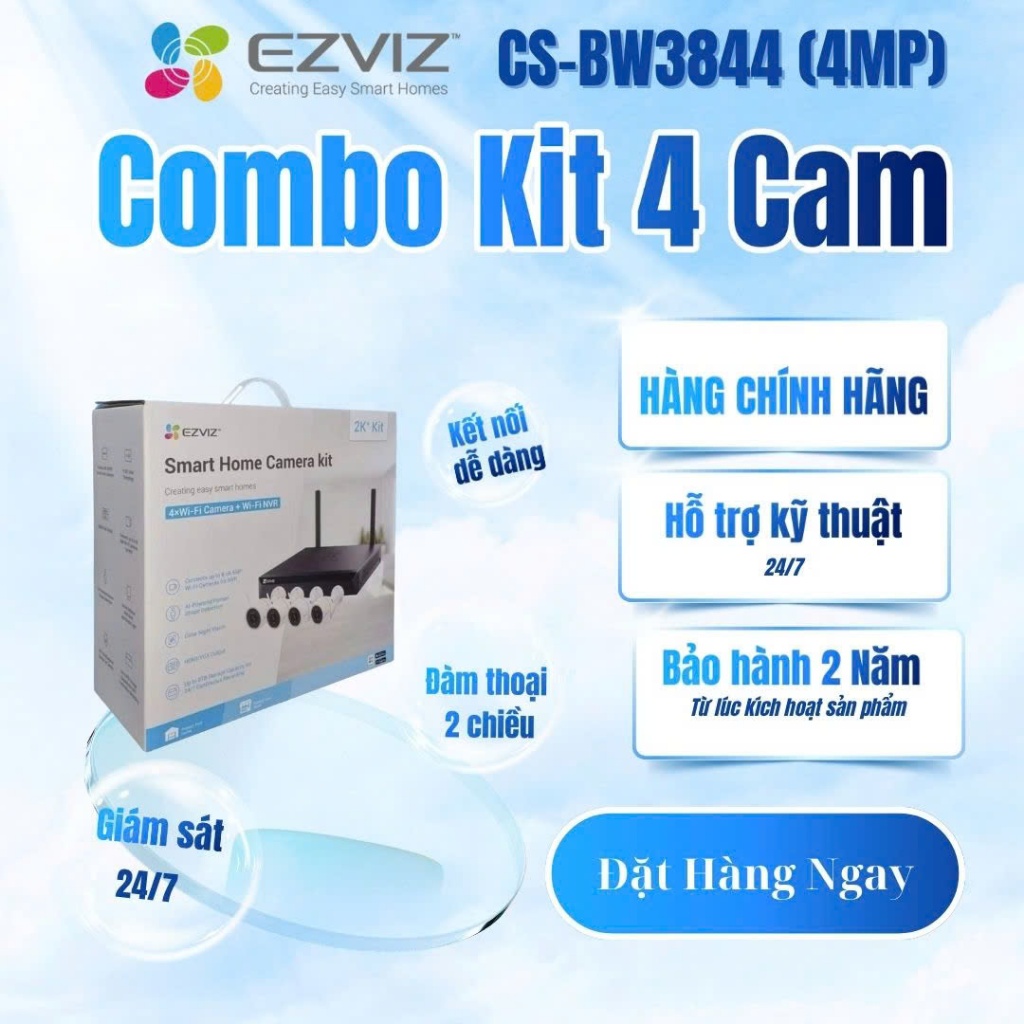 Trọn bộ Kit CS-BW3844 (4MP) Wifi 4 Camera EZVIZ H3C 2K+ và 1 đầu ghi CS-X5S-8W