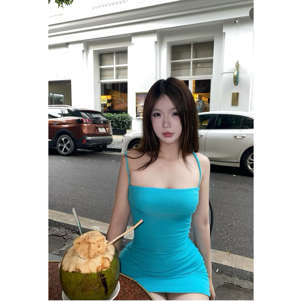  Váy xanh dương hai dây thun gân  2 Lớp  