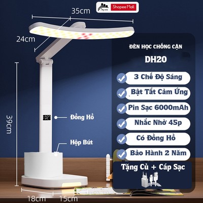 Đèn học chống cận, Sipanic DH20 pin sạc 6000mAh, có đồng hồ, 3 chế độ ánh sáng bảo vệ mắt cho bé