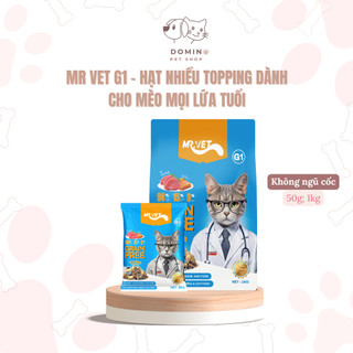 [50G -1KG] Hạt thức ăn mèo Mr.Vet G1 không chứa ngũ cốc, nhiều topping hỗ trợ tiêu hoá dành cho mèo mọi lứa tuổi