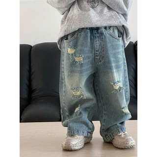  Quần jeans unisex JEANBECO jeans suông retro rách quốc dân bé trai bé gái phong cách trẻ em size 13-40kg QDXR0019 