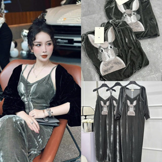  Váy nhung the hai dây thêu thỏ xám dáng dài 