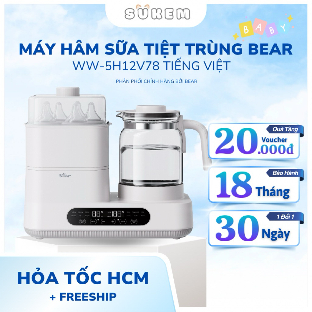 Máy Hâm Sữa Tiệt Trùng Bear 1.3L  Sấy Khô Bình Sữa, Khử Clo, Đun Sôi Nhanh Chóng Bear-5H12V78