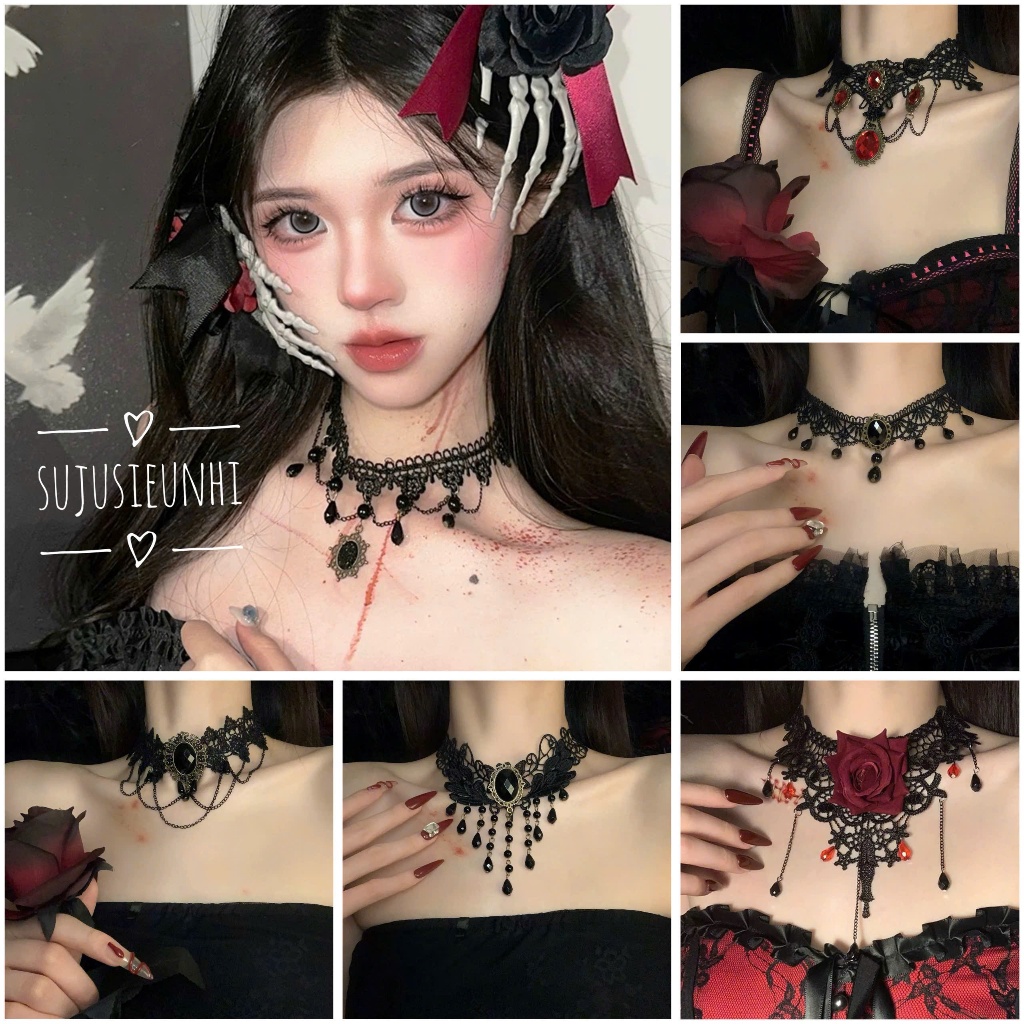 (37 mẫu) Vòng cổ choker ren đen đỏ phong cách Gothic – trang sức Halloween, phụ kiện cosplay vintage