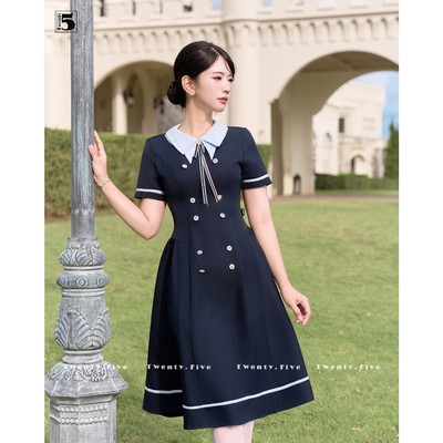 Đầm công sở nữ Twentyfive dáng dài, phối cổ sơ mi xanh đính nơ, vải dày đứng form DL71