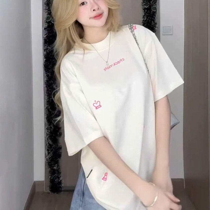 Áo Thun Thời Trang Unisex in Chữ CHECKMATE, Áo Phông Form Rộng Tay Lỡ Cổ Tròn Top Women