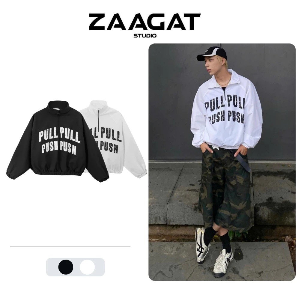 Áo Khoác Gió Nam Nữ PULL PULL PUSH PUSH – Halfzip Jacket Form Rộng Chất Polyester Kháng Nước, Streetwear