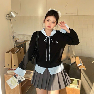  SẴN  BIGSIZE L-4XL  Áo Bigsize Nữ Dài Tay Dài Phối Sơ Mi Cổ Nơ Xanh Đen Tiểu Thư Xinh Xắn 2025 