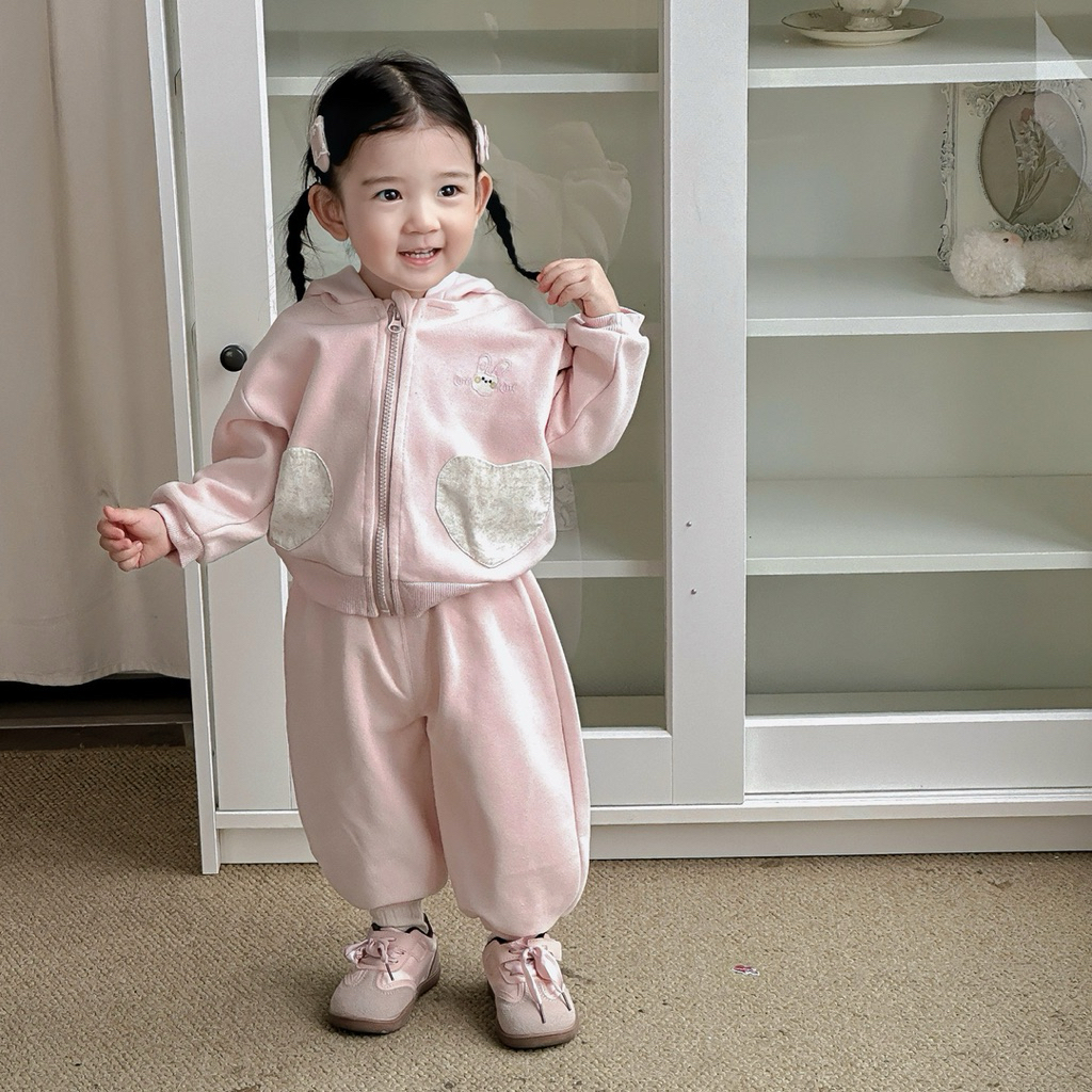 Bộ quần áo mũ tai thỏ màu hồng cho bé 7-16kg