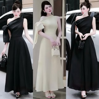 A123 - Đầm Dự Tiệc dáng dài Lệch Vai phối dây cột nơ màu Kem nhẹ nhàng, thanh lịch Mijustore