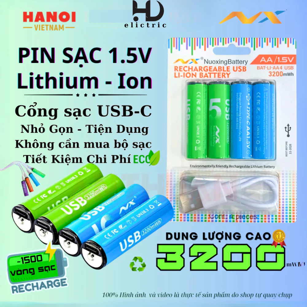 Pin sạc AA / AAA 1.5 type-C sạc nhanh dung lượng cao 3200mWh dùng 10năm - trên 1200 lần chất lượng c