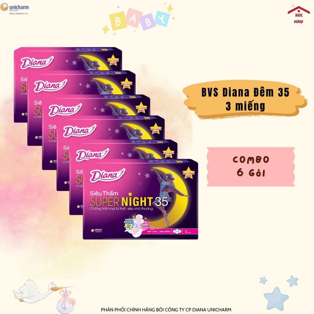 Lốc 6 Gói Băng Vệ Sinh Diana Siêu Thấm Ban Đêm Super Night 35cm – Gói Nhỏ 3 Miếng
