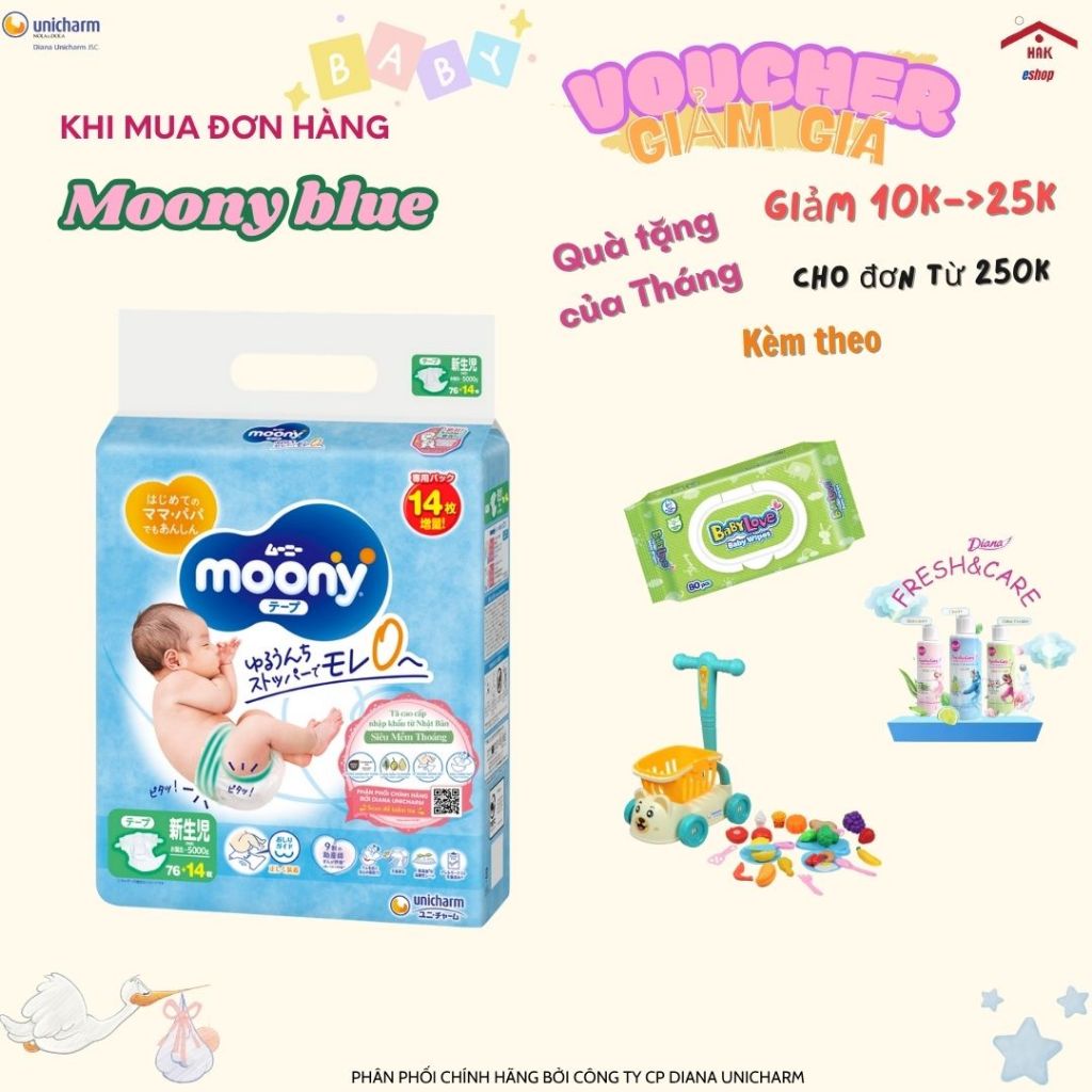 [Quà tặng Moony] Tã Dán Bỉm Moony Blue Sơ Sinh Newborn 90 - Nhập Khẩu Từ Nhật Bản