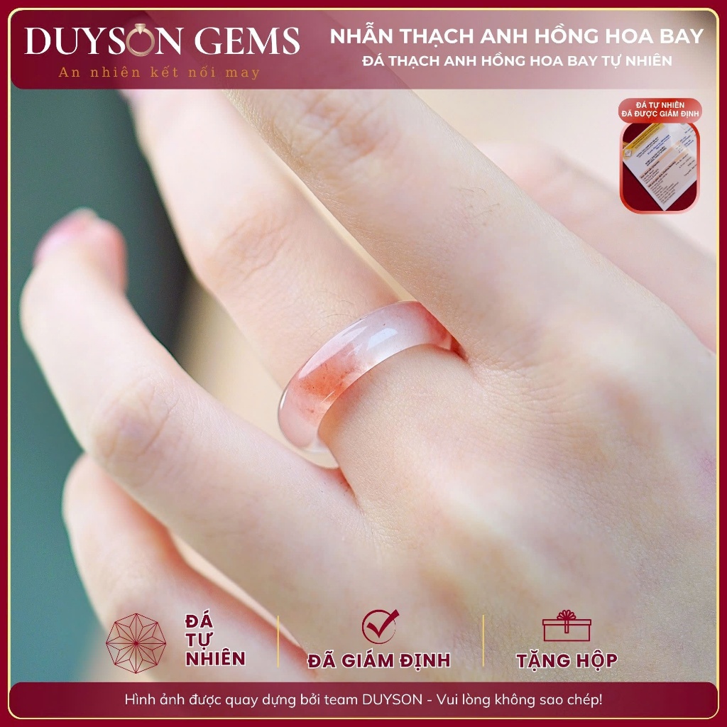 Nhẫn khối thạch anh hồng hoa bay tự nhiên, nhẫn hồng đào hoa tình duyên Duyson Gems