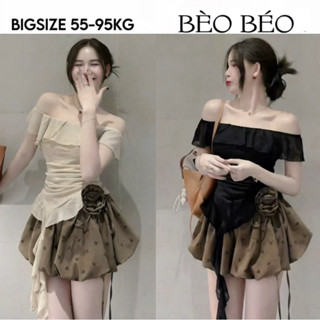   BÈO BÉO BIGSIZE   SET ÁO TRỄ VAI NHÚN BÈO PHỐI TẦNG KÈM CHÂN VÁY XOÈ ĐÍNH HOA IN NƠ FORM BIGSIZE 60-90KG 