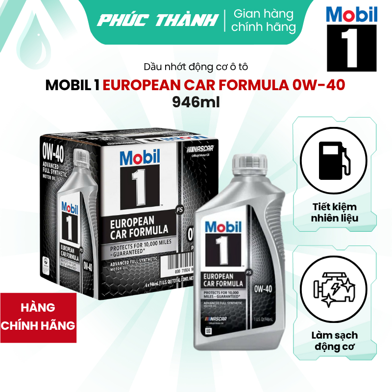 Thùng 6 Chai Dầu Nhớt Tổng Hợp Toàn Phần Ô-Tô MOBIL 1 European Car Formula 0W40 946ml Nhập Khẩu USA 