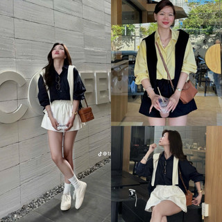   S2.4173  Set 3 Món Áo Sơmi Form Rộng Kèm Khăn Mix Chân Váy Kaki 2 Màu   cvay cạp chun có lót  