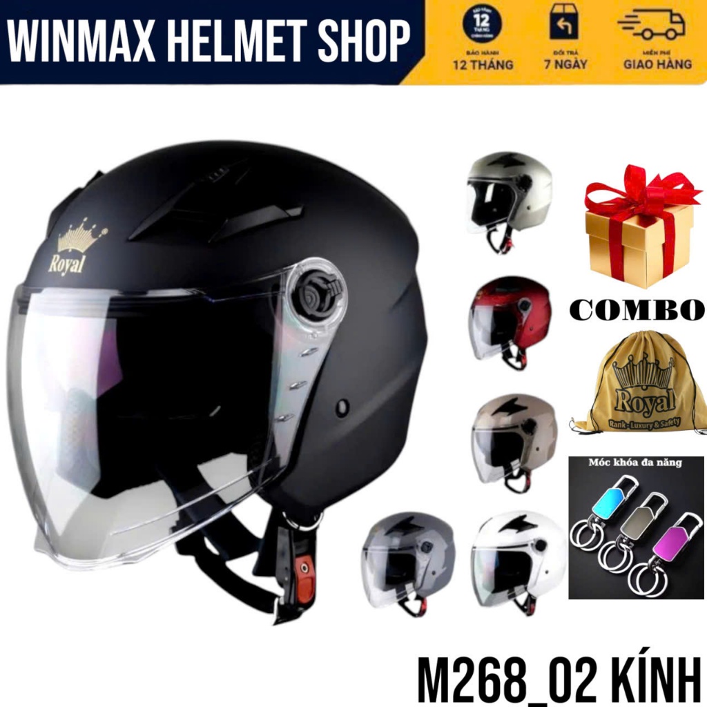 Mũ Bảo Hiểm Royal 3/4 M268_02 Kính, Hàng Chính Hãng ROYAL HELMET BH 12 Tháng Tặng Móc Khóa Hợp Kim