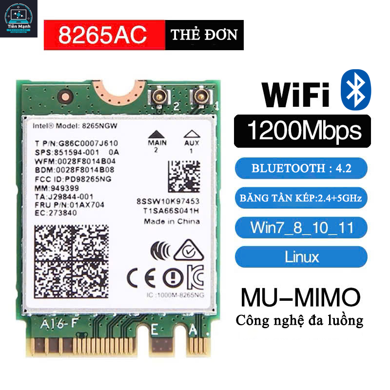 Card WIFI 5 INTEL AC 8265 M2-2230 5GHz Bluetooh 4.2 cho Laptop-PC-TinyPc-SFF-MiniPc