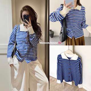 (HÀNG SẴN) Áo len cardigan cổ bẻ kẻ sọc xanh coban phối tay trắng vặn thừng hàng QC loại 1